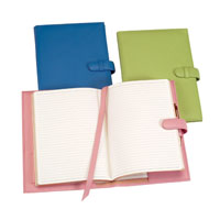 leather-bound journals with pink, blue and lime green covers