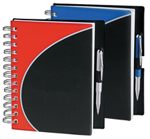 red and black poly cover spiral notebook with pen loop