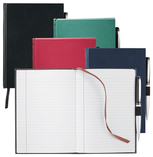 black, brown, green and red ultrahyde writing journals with ribbon markers